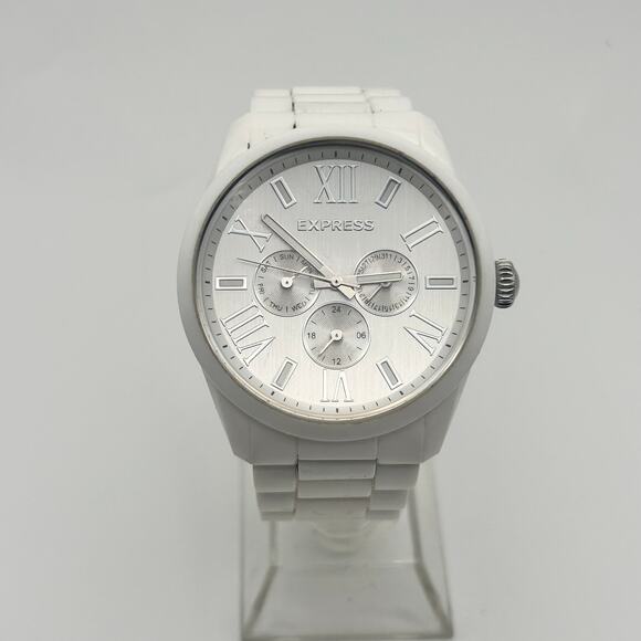 EXPRESS White Stainless Steel 44mm Women’s Watch Working New Battery - Picture 1 of 8